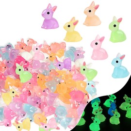 60pcs Mini Rabbits, 6 Colors Luminous Small Resin Tiny Bunny Little Miniature Plastic Easter Bunny Figurines Duck Bulk for Garden Landscape DIY Miniature Dollhouse Easter Egg Fillers Party Favors