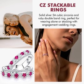 DAYBYDAY Ruby Eternity Band Rings for Women Emerald Cut Double Band July Birthstone Ring Sterling Silver Red Ring Size 10