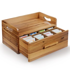 Tinamo Acacia Wooden Tea Box Organizer with Drawer – Tea Chest for Tea Bags Storage – Tea and Coffee Organizer - Wooden Tea Tray and Containers for Countertop Display (Acacia)