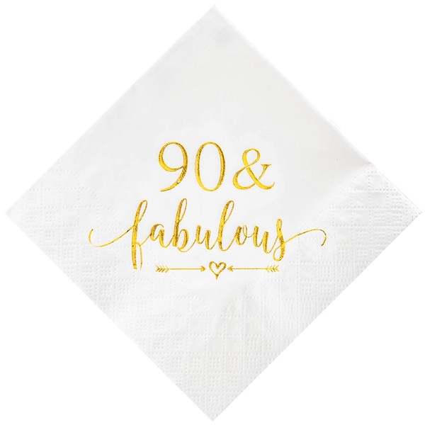 Crisky 90 and Fabulous Cocktail Napkins Gold for Women 90th Birthday Decorations, 90th Birthday Bevergae Dessert Cake Table Supplies, 50Pcs, 3-Ply