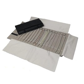 Portable Jewelry Roll Untangled Secure Necklace Travel Storage Bag Displays Holder 16 Chain (Black PU and gray velvet)