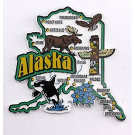Alaska State Map and Landmarks Collage Fridge Collectible Souvenir Magnet