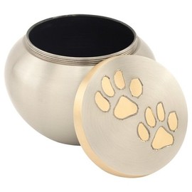 Silverlight Urns Paw Print Round Pet Urn in Pewter Medium, Brass Urn for Cat or Dog Ashes, Silver, 3.75 Inches High