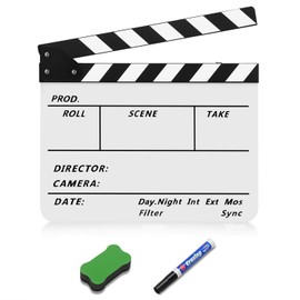 Flexzion Directors Film Clapper Board Film Slate, Acrylic Plastic Dry Erase Movie Clapboard for Studio Camera Theater Props TV Video Film Cut Action Scene Slate Board 10x12 with Black/White Sticks