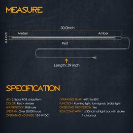 Nirider UTV Tail Light Strip, 30 Inch Rear Light Bar Tailgate Light w/ Turn Signal Brake Backup Light for UTV RZR Polaris Ranger Can-Am Truck Wrangler Trailer ATV Golf Cart 4x4 Off Road - Red Amber