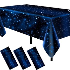 LEBERY Space Tablecloth Starry Night Tablecloth Decorations 3pcs 54x108 Inch, Plastic Galaxy Table Cover Table Decorations for Space Stars Galaxy Theme Birthday Baby Shower Party Supplies, Black