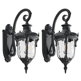 Outdoor Wall Lights, Waterproof Aluminum Porch Wall Light for Outside House, Patio, Yard, Garden, Black Gooseneck Exterior Wall Sconce, Hardwired Outdoor Acorn Shape Lantern, Water Ripple Glass, 2pack