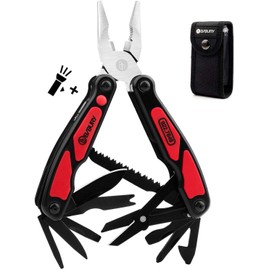 BIBURY Multitool, 14 in 1 Multitools Pliers with Can Opener, Scissors, Light, Pocket Size EDC Multi Tool with Nylon Pouch for Fishing, Outdoor Activities, Home Improvement, Camping - Red