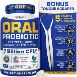 Tuthi Dental Probiotics & Tongue Scraper – Bad Breath Treatment for Adults – Oral Probiotics for Teeth and Gums – Supports Fresh Breath – 60 Chewable Tablets