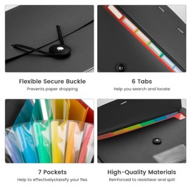 Accordion File Organizer, 7 Pockets Expanding File Folder with Labels, A4/Letter Size Portable Folders for Documents, Paper Organizer for School Office Supplies, Black