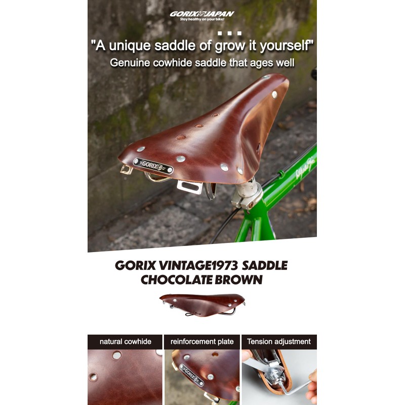 GORIX Bike Leather Saddle Seat Cowhide Studded Brown Vintage Shock