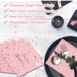 OKUYAN 40 Pack Happy Birthday Napkins Pink Napkins 2 Layers Rose Gold Napkins Birthday Napkins Set with Confetti for Birthday Table Decorations Anniversary Party Decor Cocktail Supplies(33 * 33cm)