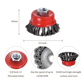 Kozelo 2 Pcs Twisted Knotted Wire Cup Brush for Grinder - [2.5 Inch] Carbon Steel for Paint Stripping Cleaning Rust Abrasive, 5/8 Inch-11 Threaded Arbor, Red