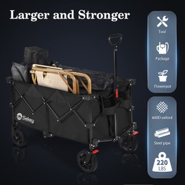Sekey Collapsible Foldable Wagon with 220lbs Weight Capacity, Heavy Duty Folding Utility Garden Cart with Big All-Terrain Beach Wheels & Drink Holders.Black