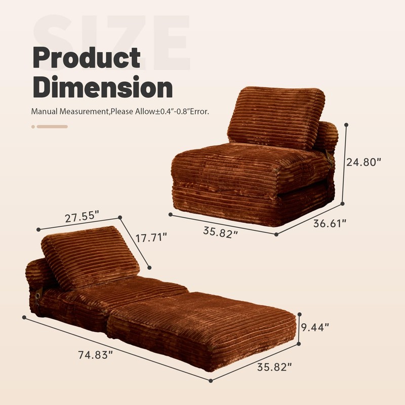 CAODOC Folding Sofa Bed Convertible Sleeper Chair with Pillow, Foldable
