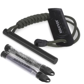 NESAYVER Fire Starter Survival Tool,4 x2/5 in Thick Round Ferro Rod Fire Striker Kit with Paracord Lanyard for Hiking,Camping,Emergency Flint and Steel Up to 20000 Strikes,Tinder Rope Pocket Bellow