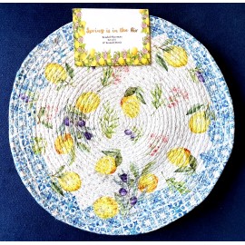 MIREILLE DESIGNS 4 pc LEMONS Braided Placemat Set 15” Rnd Blue Edge Yellow Plum Flowers Easy Care