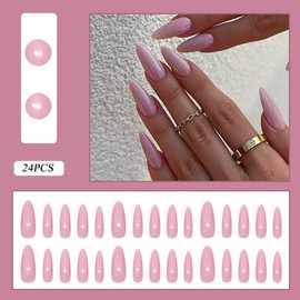 30Pcs Almond False Nails - French Tip Natural Pink Style - Medium Length Glossy Full Cover Press On Nails - Natural Full Cover Acrylic Oval Stick on Nails Reusable for Women and Girls