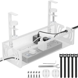 Under Desk Cable Management Tray, Metal Mesh Cable Management Under Desk No Drill, Cable Tray with Clamp Mount for Wire Management, Cord Organizer for Home Office, White