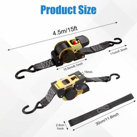 YAYODS Retractable Ratchet Straps Heavy Duty, 2pcs 2" x 15' Tie Down Strap + 4pcs Soft Loop + 1pcs Storage Bag, 3,300lb Break Strength, Automatic Ratchet Straps Self Retractable Tie Down for Trailer