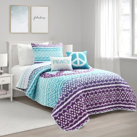 Lush Decor Peace Ombre Reversible 4 Piece Quilt Set, Twin XL, Purple & Blue