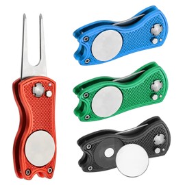 PATIKIL Golf Divot Repair Tool, 4 Pack Foldable Metal Golf Green Divot Tool with Magnetic Ball Marker & Stainless Steel Fork for Golfer, Green/Blue/Red/Black
