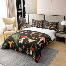 Mushroom Duvet Cover 100% Cotton Lovely Cartoon Wild Butterfly Dreamy Bedding Set for Kids Teens Adults Glitter Stars Jungle Leaves Rustic Style Comforter Cover with 2 Pillowcases King Size 3 Pcs