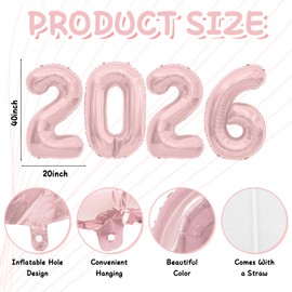 2026 Rose Gold Foil Numbers Balloons(40 Inch) Happy New Years Eve Party Supplies 2026 New Year Graduation Balloons Decorations 20 26 Signs Props Birthday Anniversary Wedding Festival Ornament Decor