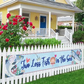 MELTELOT Two Less Fish in The Sea Large Banner, Blue Background with Fish - Nautical Sign Wedding Engagement Party Decor - Ocean Bachelorette Bridal Shower Photoshoot Backdrop 9.8x1.6ft