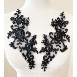 PEPPERLONELY 1 Pair Bridal Lace Flower Sew on Embroidered Lace Applique Wedding Dress Bride's Headdress Adornment DIY Patch Clothing Accessories, 22 x 10cm, Black