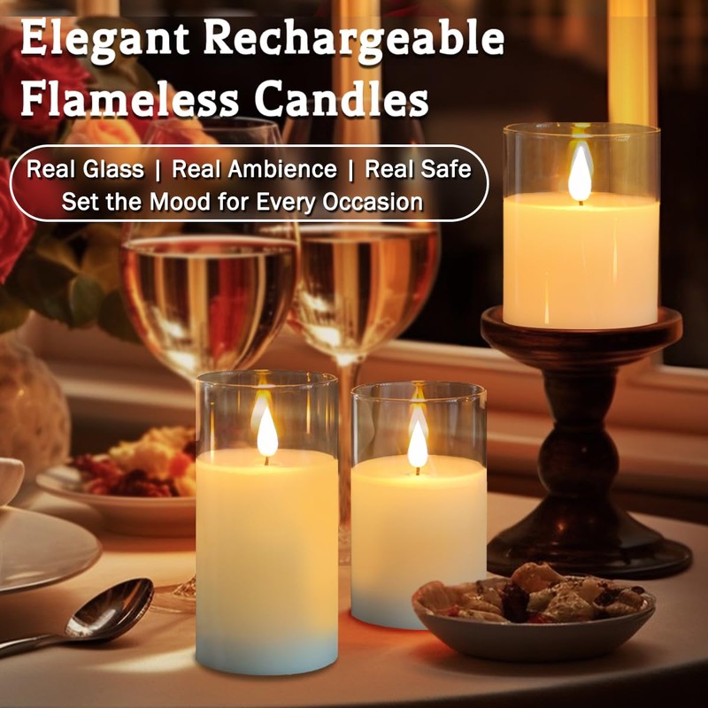 LEDHOLYT Rechargeable Flameless Glass Pillar Candles–Gifts for Women–Set of 3,