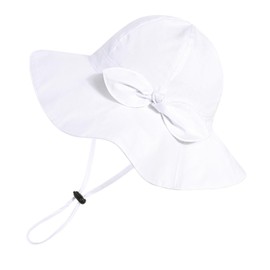 Baby Girl Sun Hat with UPF 50+ Outdoor Adjustable Beach Hat with Wide Brim Bucket Hats (12-24 Months,White)