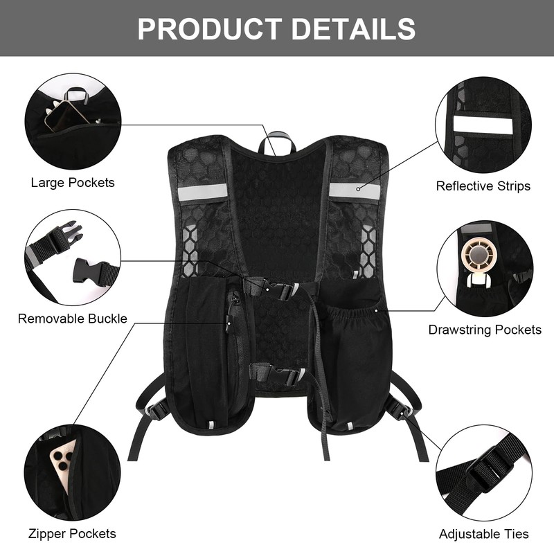 Adjustable Running Vest Men and Women, Reflective Hydration Backpack With