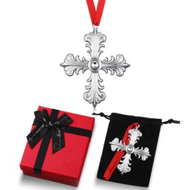 Hicarer 1 Set Metallic Cross Tree Ornaments with Christmas Gift Box Cross Decorative Hanging Ornaments Metal Religious Christian Gifts for Party Tree Decor