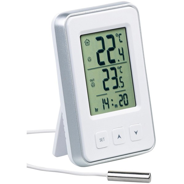 PEARL outdoor temperature gauge: Digital indoor and outdoor thermometer with time and LCD display (thermometer with outdoor sensor).