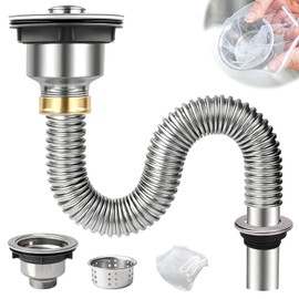 FALSKT Waschbecken Ablaufgarnitur Geruchshemmend, Abflussrohr Waschbecken Kit mit Ablassschraube, Einwegfilter und Edelstahlrohr Syphon Waschbecken Kit für Bad, WC 60 mm