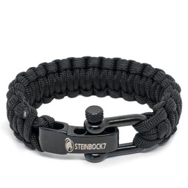 Steinbock7® paracord survival bracelet, black, with adjustable stainless steel, clasp, with tutorial for braiding (English language not guaranteed), black, 23 cm