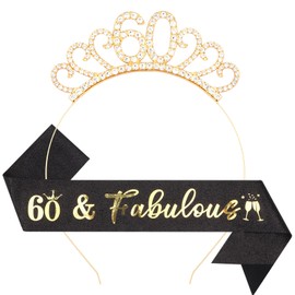 60th Birthday Decoration for Women,Black Gold Birthday Sash and Rhinestone Headband for Women's 60th Birthday Party Decor