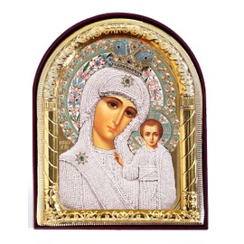 Needzo Virgin Mary Virgin of Kazan Icon Arched With Stand and it is Wall Hanging 4 1/16 Inch, Orthodox Christian Catholic Icon Religious Gift
