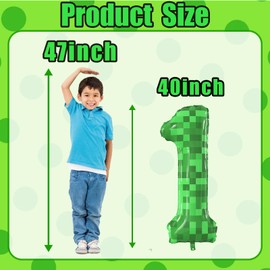 40 Inch Giant Green Pixel Miner Theme Number Foil Balloons Large MIning Number 1 Balloons Party Balloons Birthday Party Decorations Supplies Number 0-9 Available for Kids' Birthday Anniversary Party