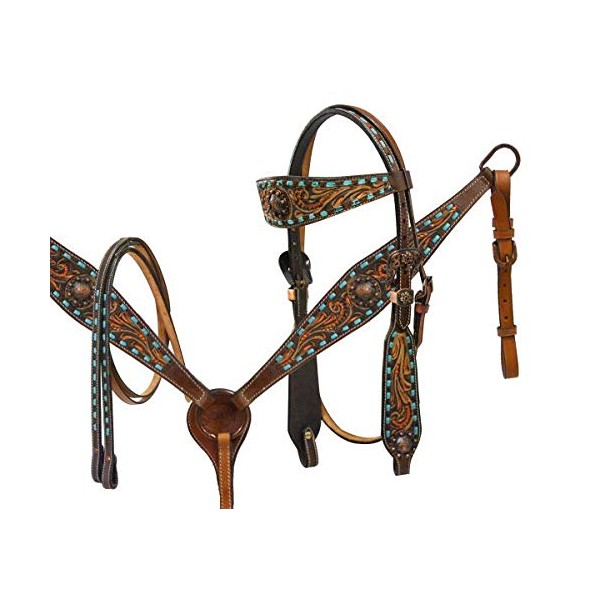 Showman Copper Painted Floral Tooled Headstall & Breast Collar Set w/Teal Buckstitch & Reins! New Horse TACK!