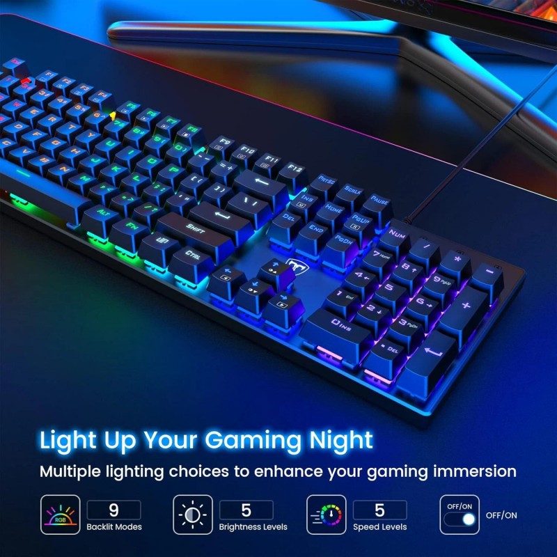 Risophy Mechanical Keyboard Black Blue Switches Rainbow Backlit 104 Keys