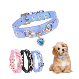 LOVPE Sparkly Dog Collar for Small & Medium Dogs Iridescent Leather Collars with Heart Rhinestones,Adjustable Glitter Collar for Fits Chihuahua,Pomeranian,Shih Tzu,Beagle (Blue, XS)