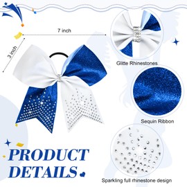 6PCS Glitter Cheer Bow Large Cheer Bows Rhinestones Hair Bows Girls 8"Cheerleading Bows Bulk Elastic Band Ponytail Holder for Teen Girls College Sports Competition Blue White