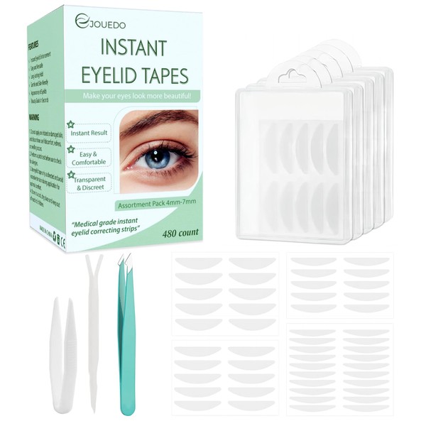 Jouedo Eyelid Tape, 480 Count Invisible Eyelid Lifter Strips, Premium Quality Double Eyelid Tape, Eyelid Correcting Strips for Hooded Eyes, Droopy Lids, Instant Eyelid Lift with Fork Rods & Tweezers