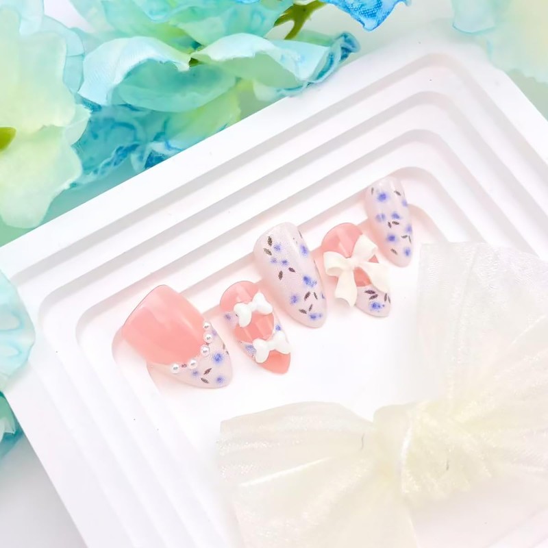 30Pcs Bow Press on Nails Short Almond Fake Nails Blue