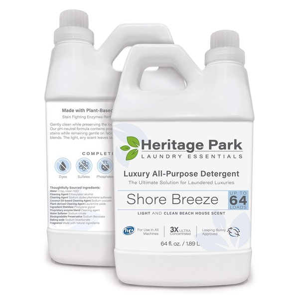 Heritage Park Luxury Laundry Detergent - Shore Breeze Scent - Powerful Cleaning Enzymes - Gentle & Effective, Safe for Delicate Fabrics - pH Neutral, 3X Concentrated Formula - 64 Fl oz