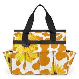 Yellow Cow Print Garden Tool Bag Heavy Duty Waterproof Oxford Gardening Tool Tote Bag 13 Inch Sunflower Cow Garden Tool Storage Bag with Handle & 10 Pockets for Women Men Gardening Gifts