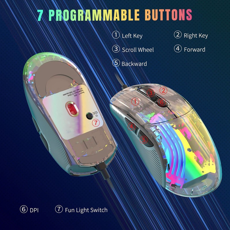 Wired Mouse Transparent Shell RGB Backlit Adjustable DPI Programmable Keys