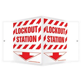 Accuform PSP313 Projection Sign 3D, "Lockout Station", 6" x 5" Panel, 0.10" Thick High-Impact Plastic, Pre-Drilled Mounting Holes, White on Red